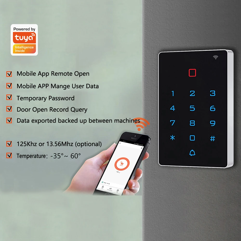 Wifi Remote Door Lock Opener 125khz RFID Access Control Keypad WG26 Output Watreproof Manger Card  Support Tuya  APP Backlight