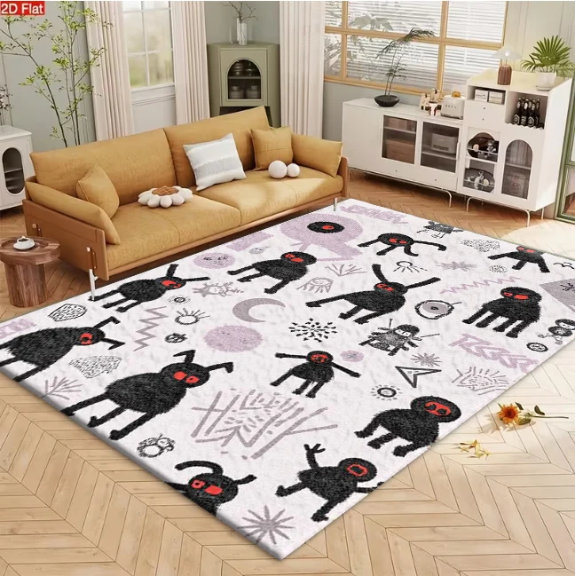 Cute Monster Doodle Cartoon Carpet Flooring, Hand-drawn Creature Non-Slip Floor Rug for Kids Playroom Bedroom Home Decoration