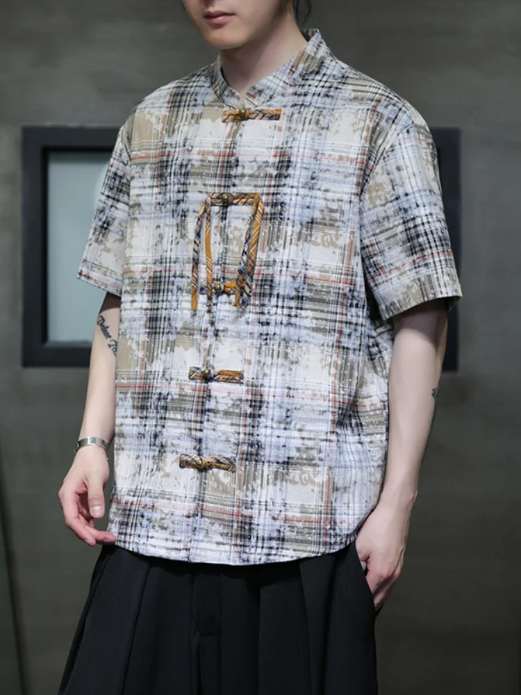 

Tie-Dye Plaid ort Sve Men's irt Vintage Button-Up Chinese Sle Top Loose Fit Youthful Summer Faion Casual Wear