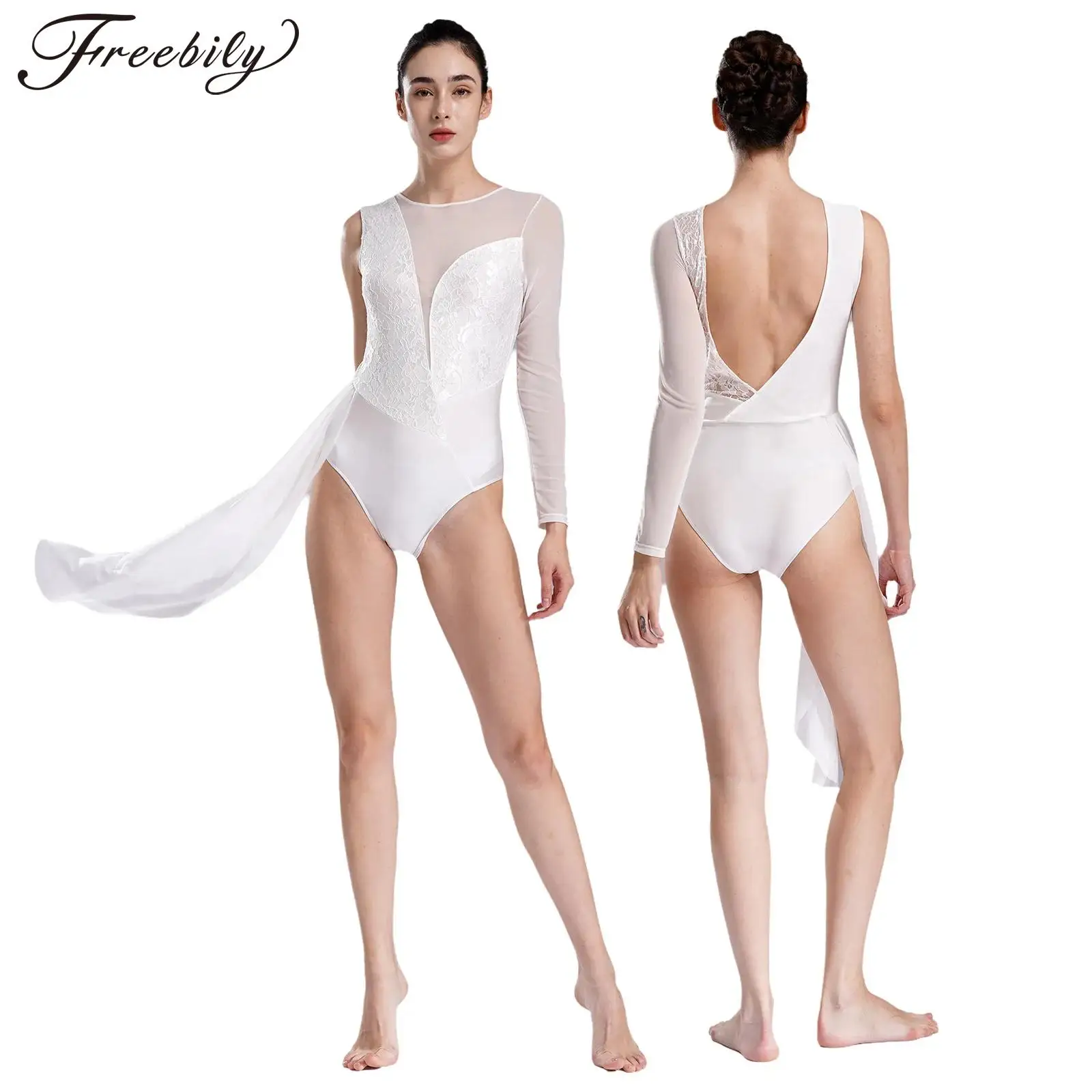 Women Lyrical Dance Leotard Figure Skating Ballet Gymnastics Acrobatics Costume Long Sleeve Floral Lace Sheer Mesh Bodysuit