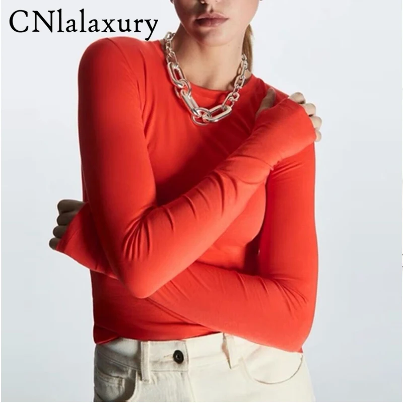 CNlalaxury 2023 Spring Summer Slim Elastic Long Sleeve Bottoming Solid T-Shirts Casual White Black Basic Tees Tops Female