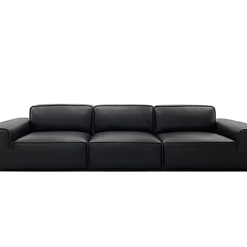 Italian modern simple black leather sofa living room straight row tofu block design office lounge small apartment