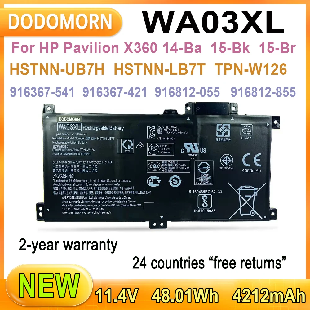 New WA03XL Laptop Battery For HP Pavilion X360 14-Ba 15-Bk 15-Br 3ICP6/61/80 HSTNN-UB7H TPN-W126 916367-541 / 421 916812-055