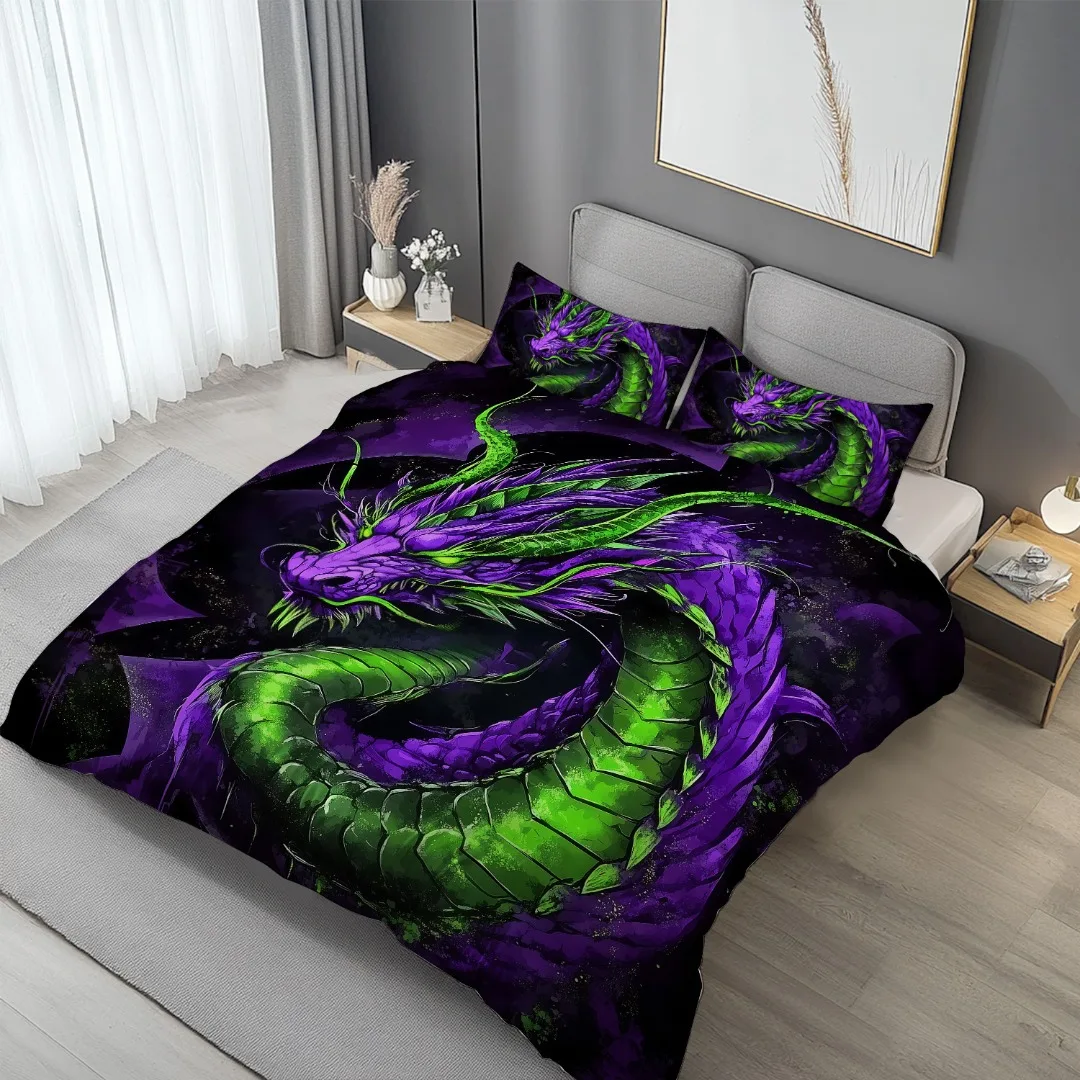 3pcs Mystical Dragon Duvet Cover Set, 1 Quilt Cover + 2 Pillowcases, Featuring a Majestic Purple and Green Dragon, Soft