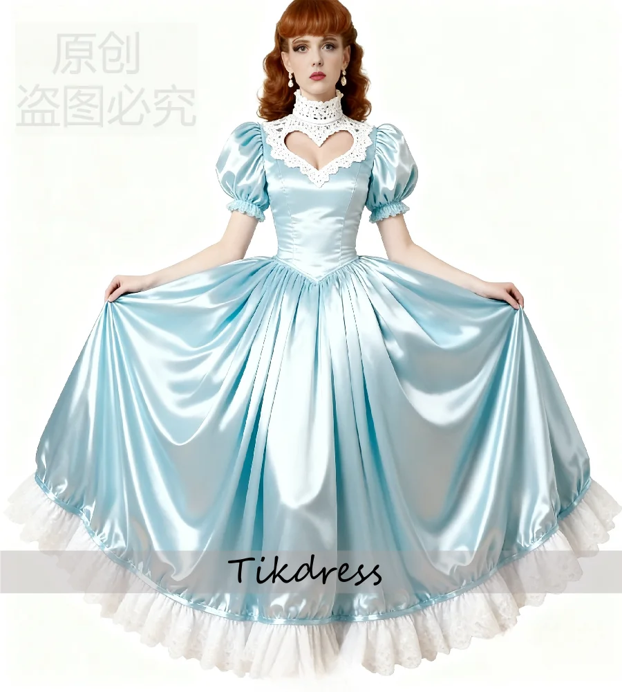 

Blue Medieval Evening Dress 2026 Short Sleeve Lace Cosplay Dress Satin Floor Length Prom Dress Simple 18th Century Formal Dress