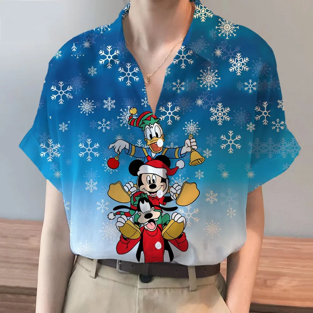 New Boho Disney Brand Christmas Mickey And Minnie Anime Short Sleeve Shirt Summer Casual Beach Party Ladies Kawaii Top Y2k