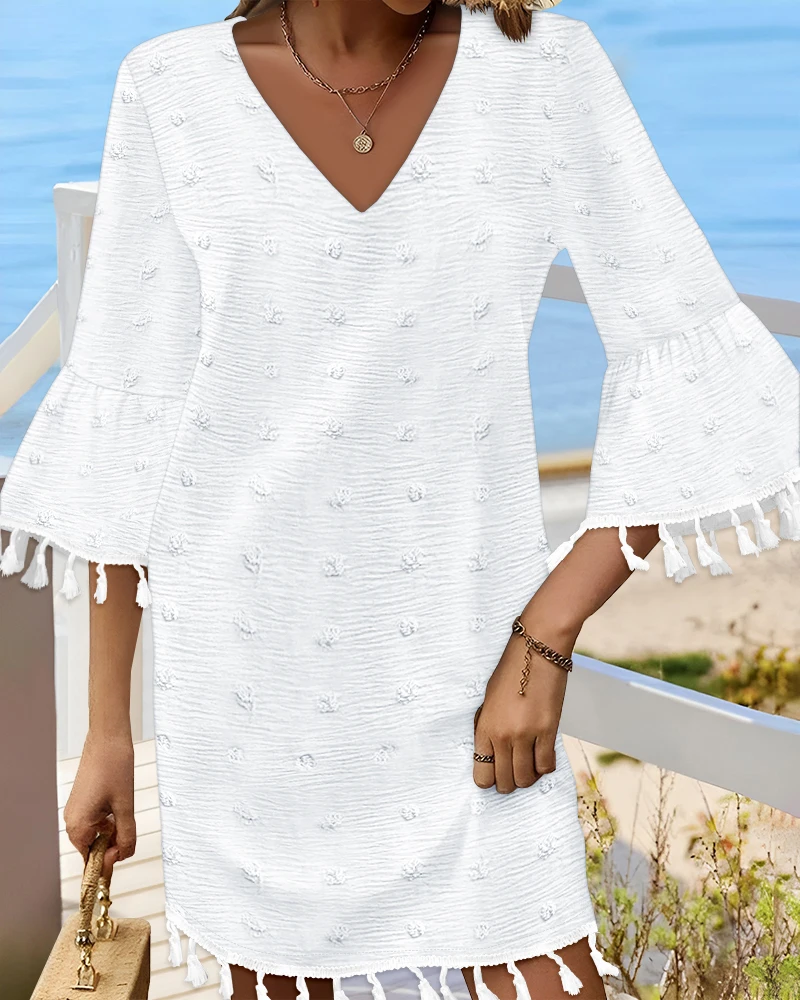 2023 Letnia sukienka damska New In Casual Solid Color V Neck Flare Sleeve Chiffon Tassels Beach Wear Loose A Line Mini Dress