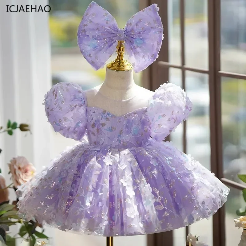 ICJAEHAO 2024 Children Birthday Party Christening Princess Dresses Kids Clothing Puff Sleeves Girl Flower Elegant Sequin Clothes