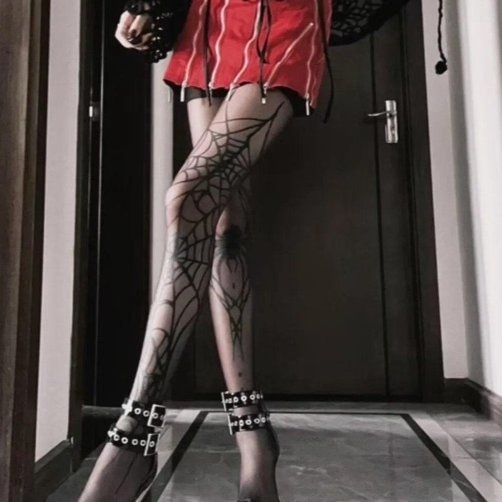 Emo Style High Waist Halloween Pantyhose Elasticity Witch Pantyhose Bat Pattern Tights Spider Web Gothic Stockings Y2k Style