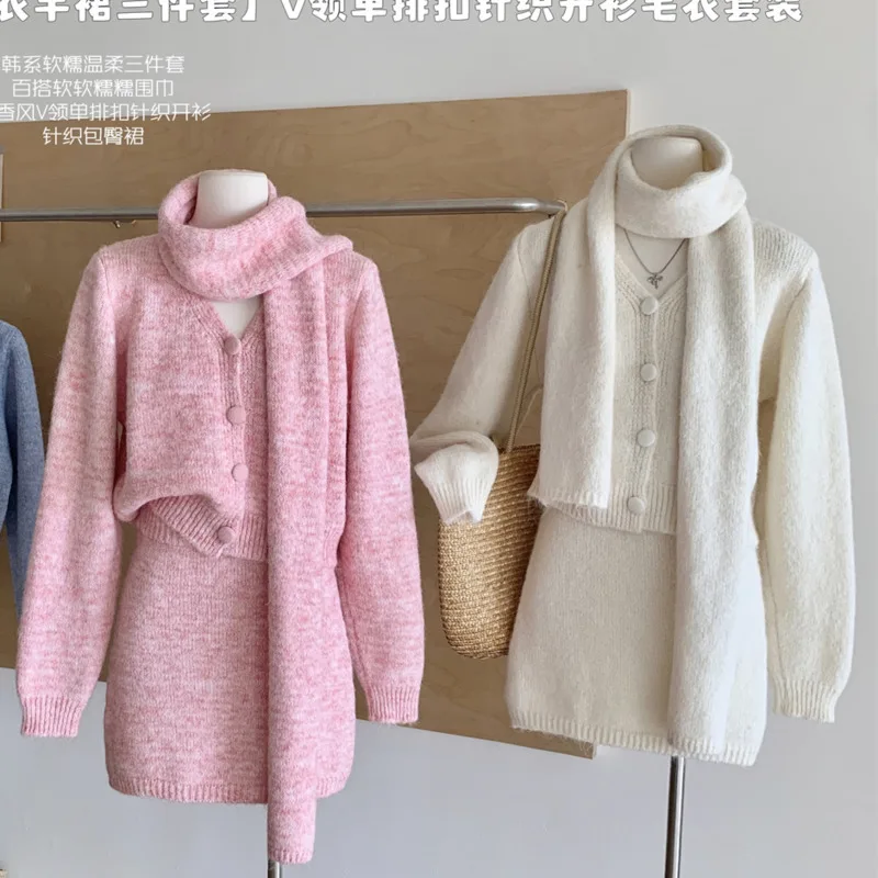 Fall Winter Sweet Soft Knitted Two Pieces Sets For Woman Outfits Korean Casual V Neck Single Breasted Cardigan+bodycon Skirt Set