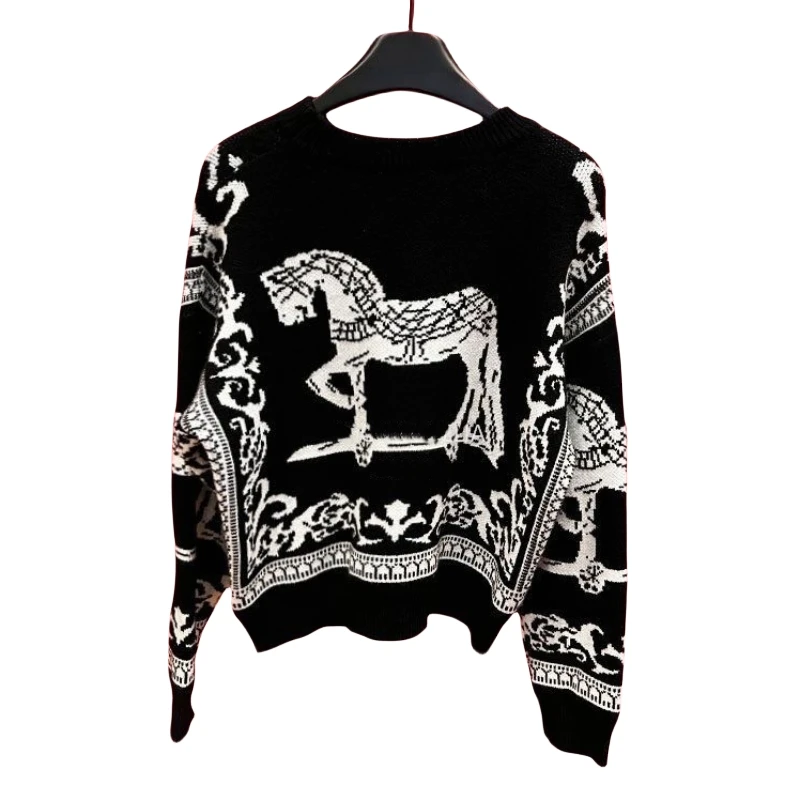 Horse Luxury Brand Designer 2024 Winter Autumn Knit Pullover Sweater For Women Knitwears Vintage Pull Tops Y2k Christmas Clothes