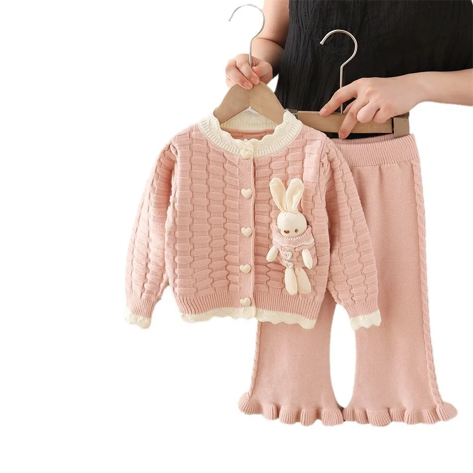 

Girls' sweater cardigan jacket + knitted pants set , 2025 New Winter knitted set Little rabbit top and pants two-piece set,2-6Y