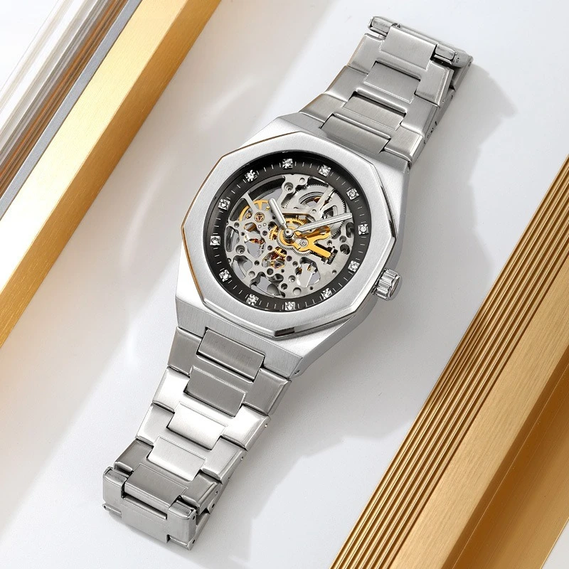 Men's Automatic Skeleton Watch: Stainless Steel with Transparent Back & Solid Movement for Business Style