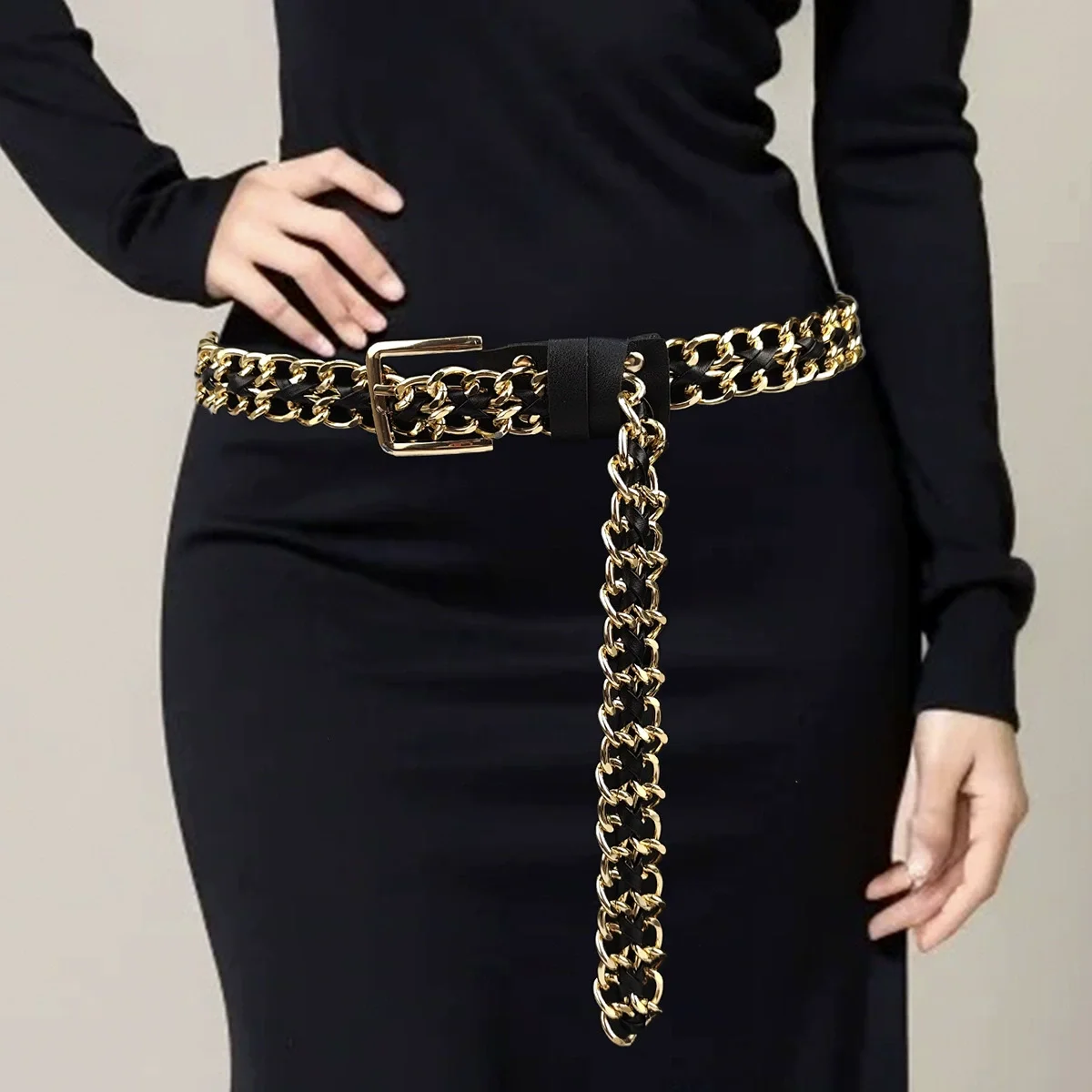

Women's Fashion PU Leather Gold Silver Chain Cummerbunds Female Dress Corsets Waistband Belts Decoration Wide Belt TB289