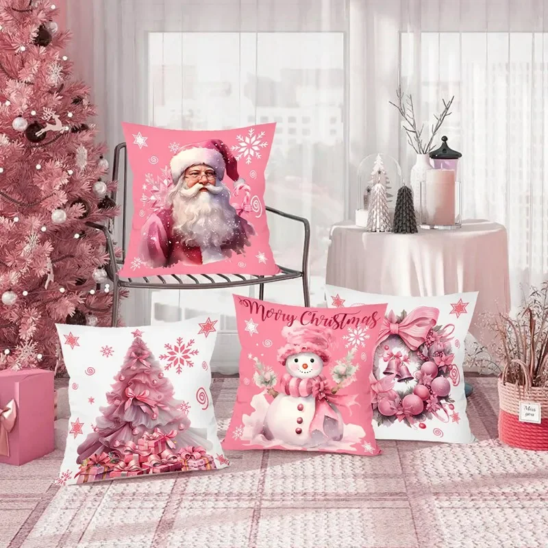 4Pcs/Set Christmas Throw Pillow Cover Pink Cushion Cover Christmas Decorations for Home 2024 Bedroom Navidad Natal Gifts NewYear