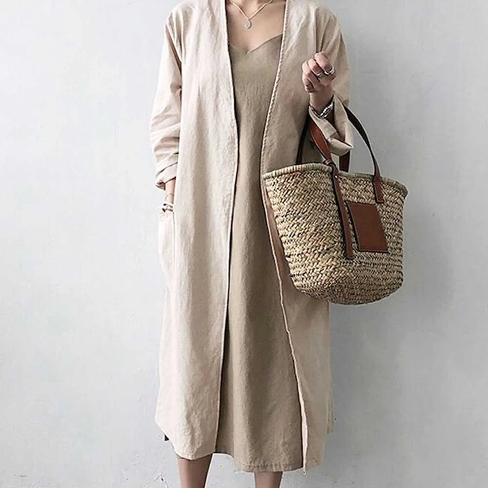 Women\'s X-Long Solid Trench Coats Korean Spring Autumn Pocket Long Sleeve Loose Cardigan Tops V-neck Straight Ladies Trench Coat