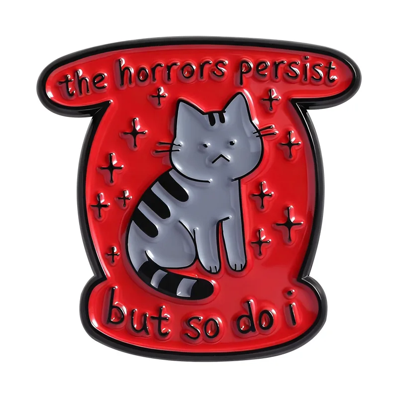 Creative Gray Cat Red Background Badge Personalized English Quotes Alloy Baking Paint Craftsmanship Niche Decoration Brooch Pins