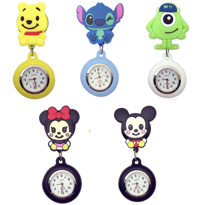 

New Disney Mickey Mouse Easy-pull Pocket Watch Silicone Luminous Nurse Watch Lilo and Stitch Cute Retractable Badge Clip