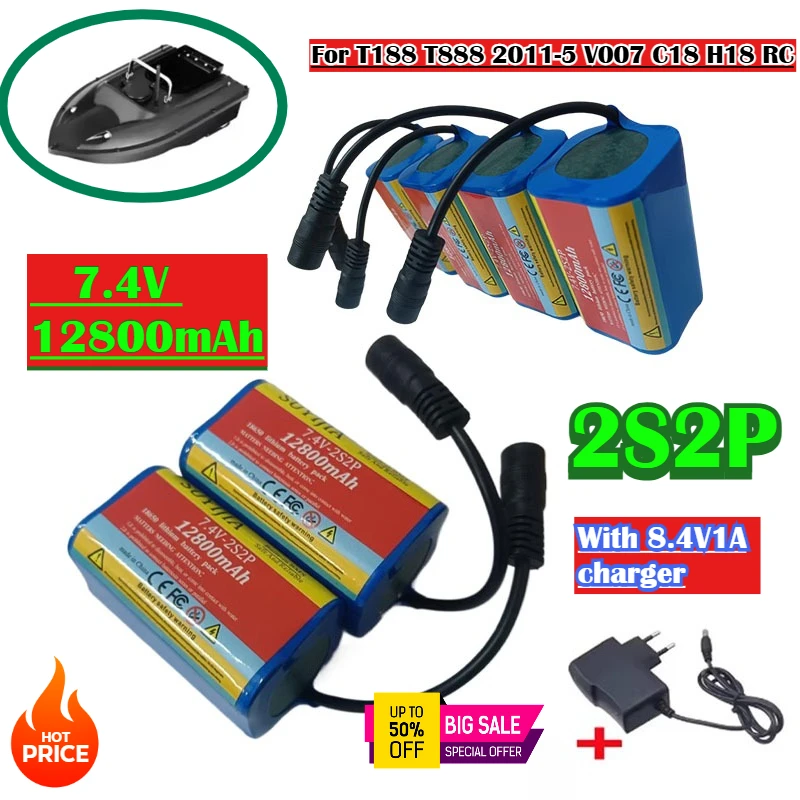 

New 2025 2S2P 12800mAh 7.4V Lithium Battery for T188 T888 2011-5 Remote Control Search Bait Boat Remote Control Toy Spare Parts