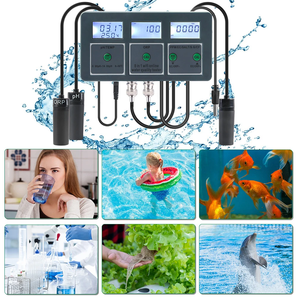 Tuya Wifi 8 In 1 Waterkwaliteit Detector S.g/Ph/Ec/Orp/Tds/Cf/Zout/Temp Meetanalysator Water Monitor Waterkwaliteit Tester