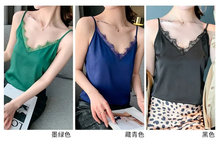 Lace Camisole Women\'s Spring 2024 Sexy Inside Design V-neck Bottoming Silk Top Women Sleeveless Silk Camis Crop Top