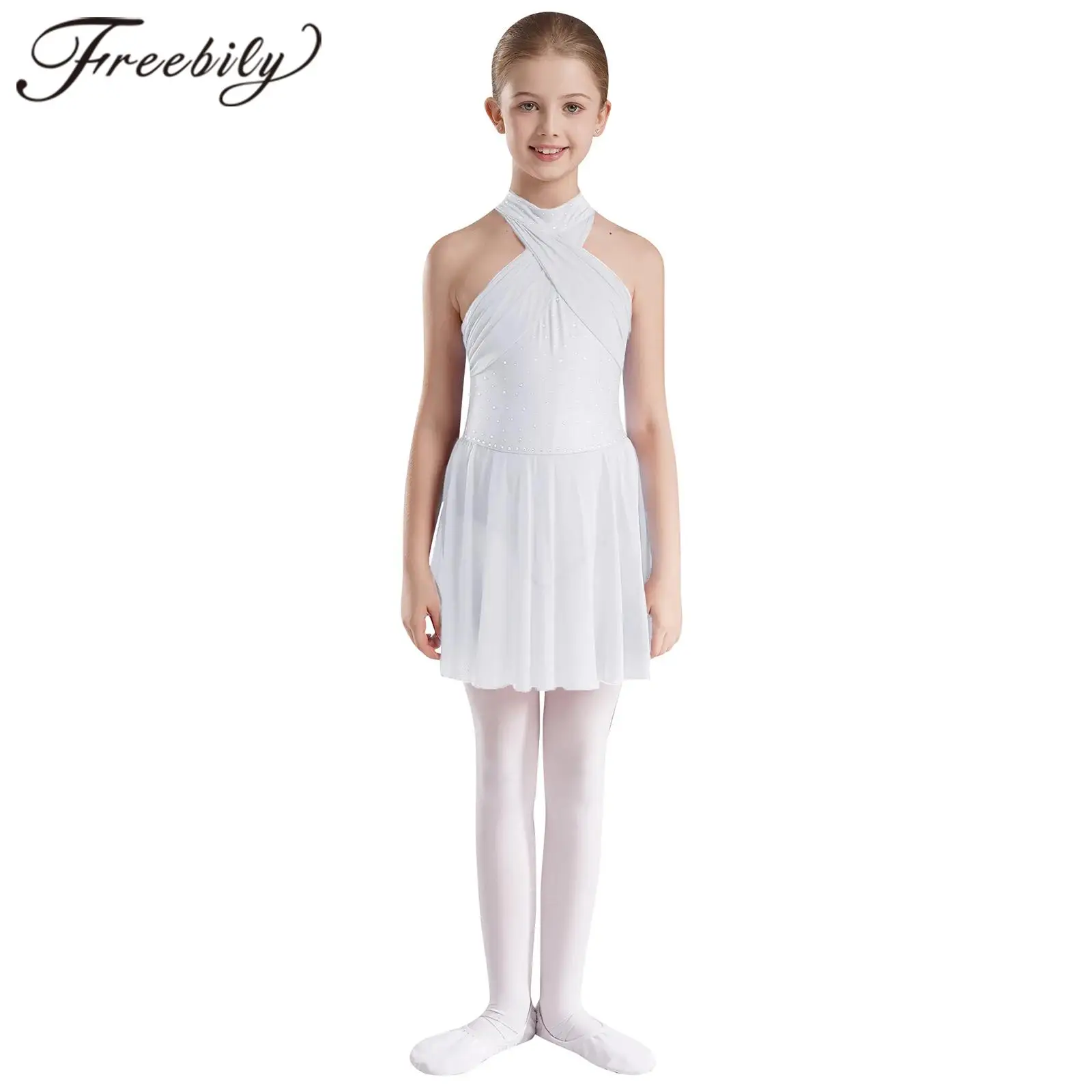 

Kids Figure Ice Skating Dress for Girls Rhinestones Sleeveless Gymnastics Leotard Ballet Tutu Dress Ballroom Competition Costume