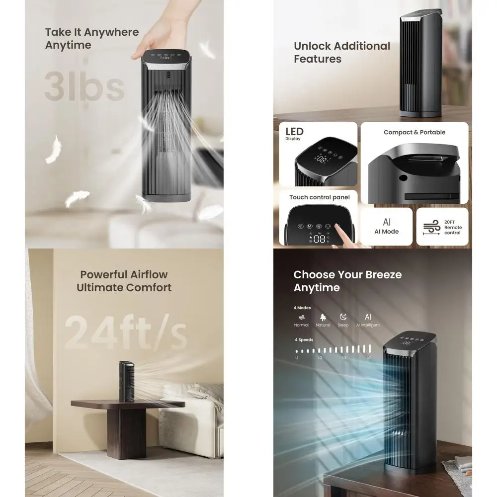 

Осциллирующий башенный вентилятор 13 с пультом дистанционного управления, 4 режима, 4 скорости, максимальный поток воздуха 24 фута/с, 70 ° Поворотный механизм, таймер на 12 часов, идеально подходит для дома и офиса