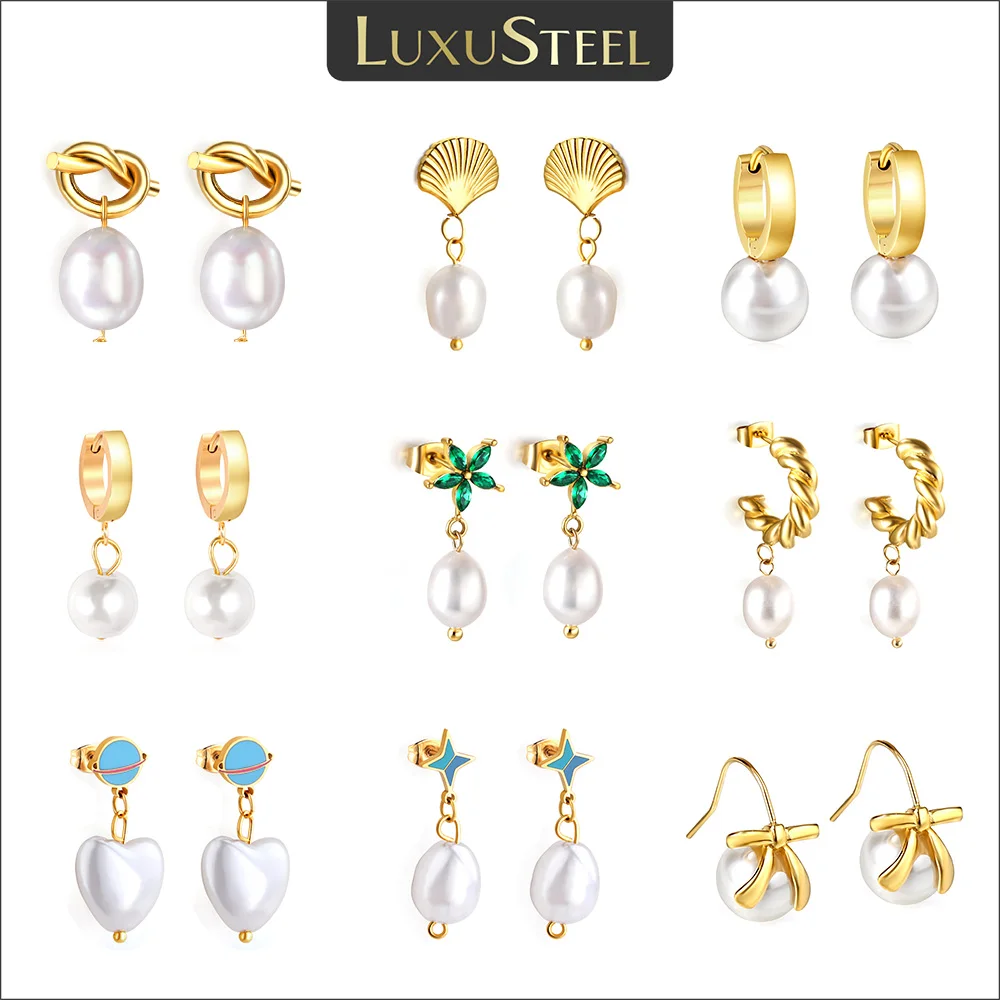 LUXUSTEEL Minimalistische Imitationsperlen-Ohrringe für Frauen, elegante Metallstruktur, Edelstahl, geometrischer Ohrschmuck