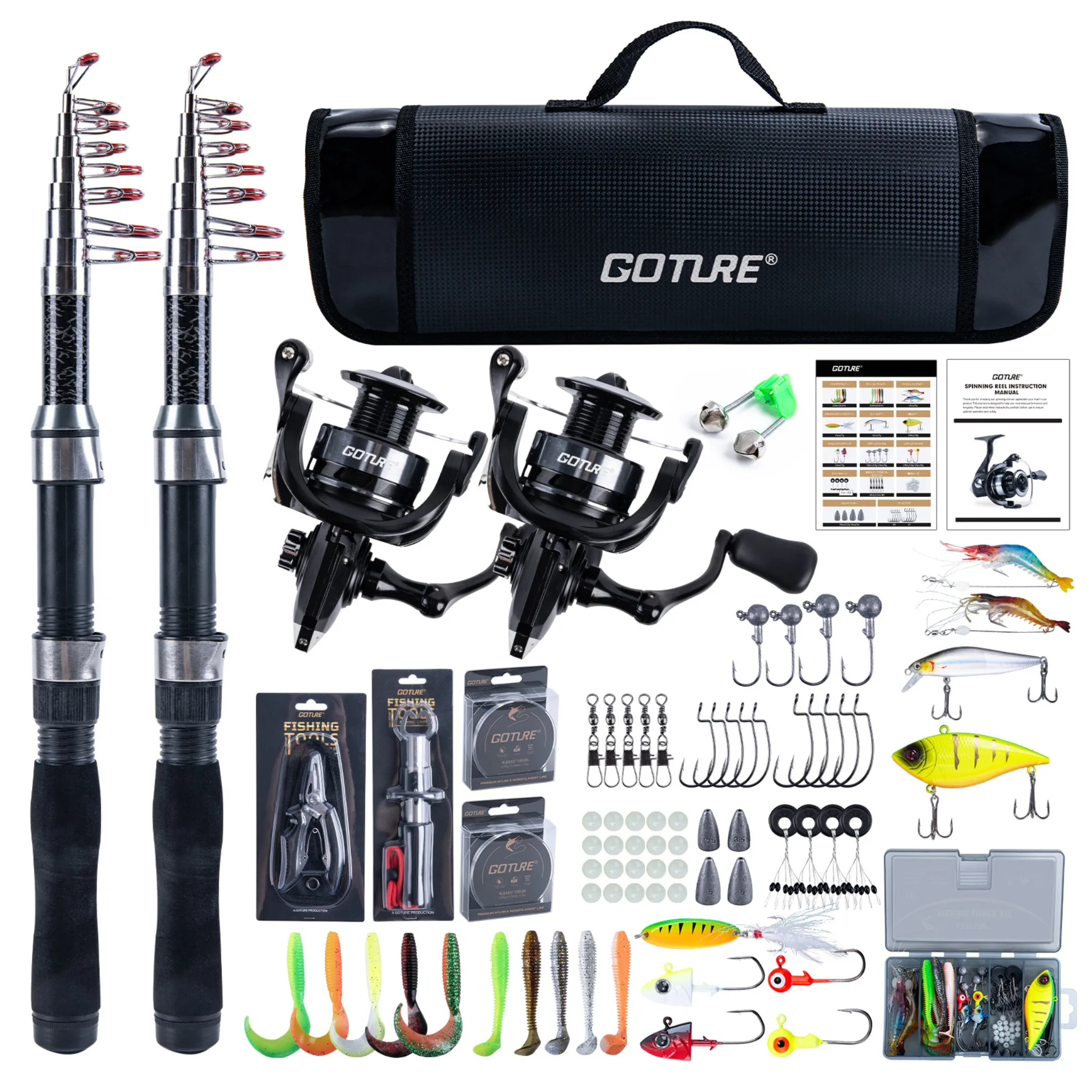 Goture 1.9M-2.7M Telescopic Fishing Rod and Reel Combos with Storage Bag Fishing Tools Fresh Saltwater Travel Fishing Tackle Set