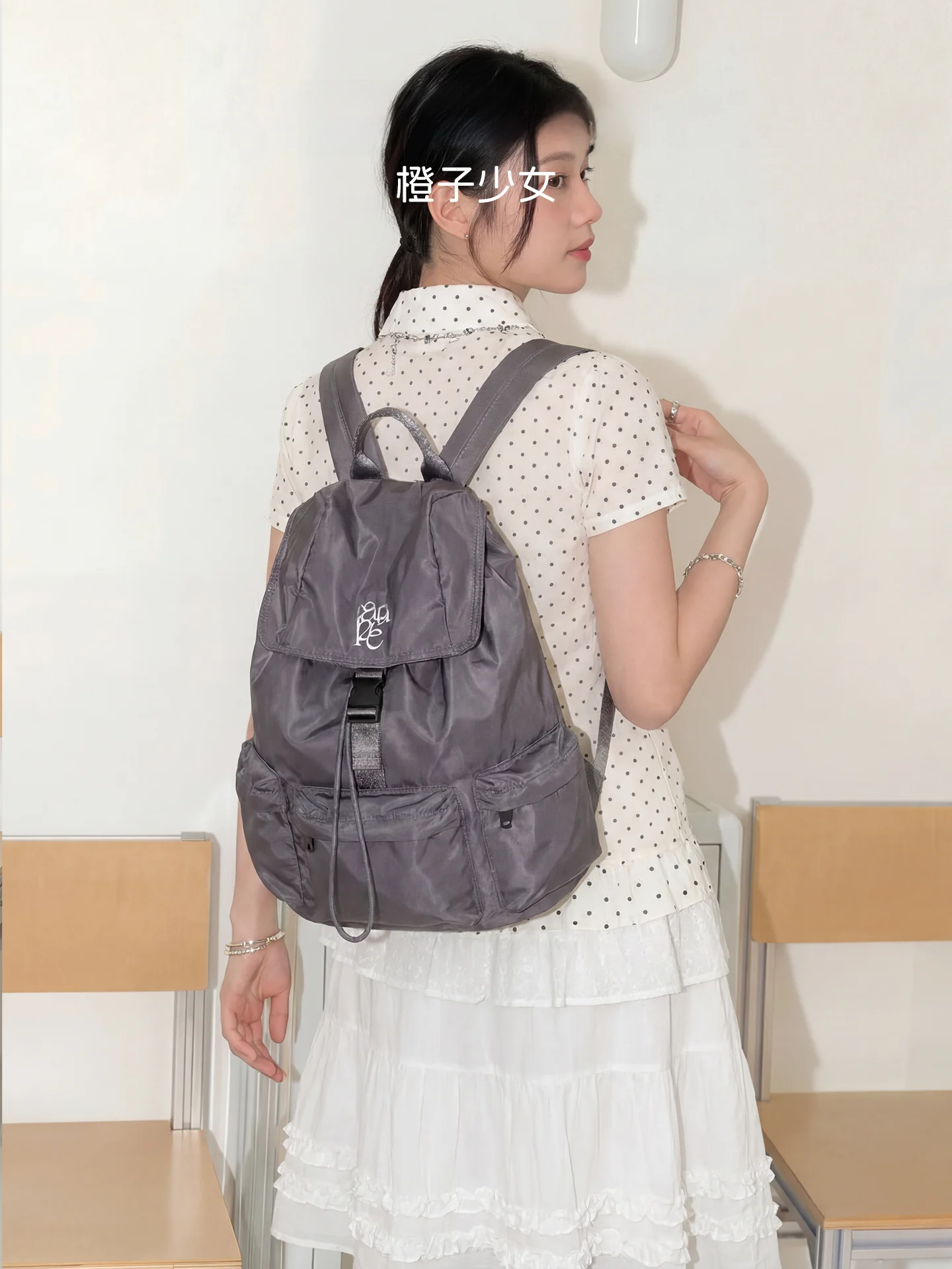 

Orange Girl Korean Style Lightweight Nylon Backpack Drawstring Travel Bag School Bag Casual Simple Style Double Layered Shoul...