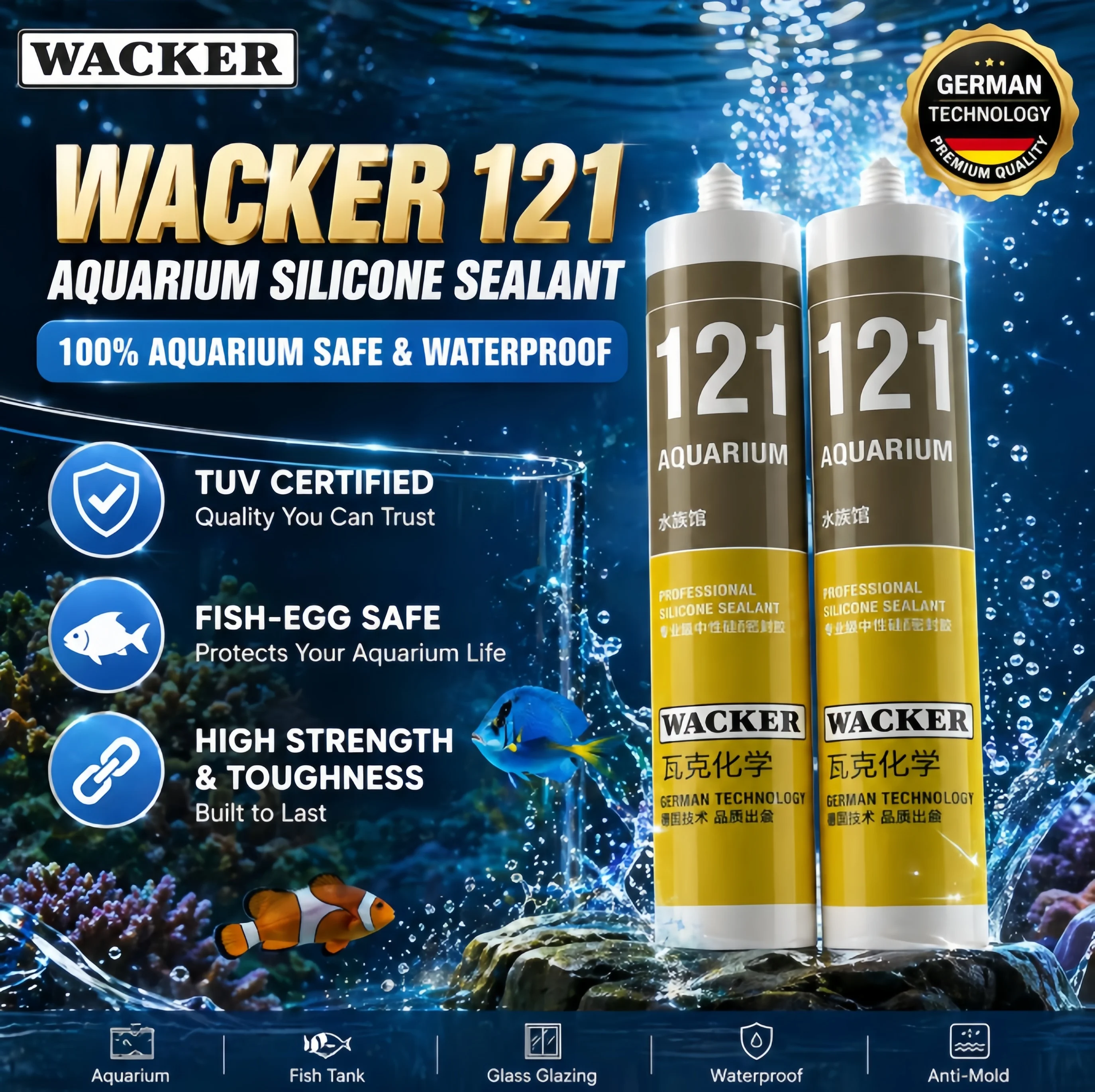 Wacker 121 Aquarium Silicone Sealant, Professional Acetic Cure Silicone Adhesive for Fish Tank