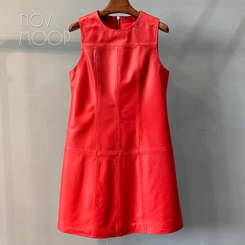 

Novmoop genuine leather women dress sheepskin solid color elegant shape office lady wear Italy style LT3610