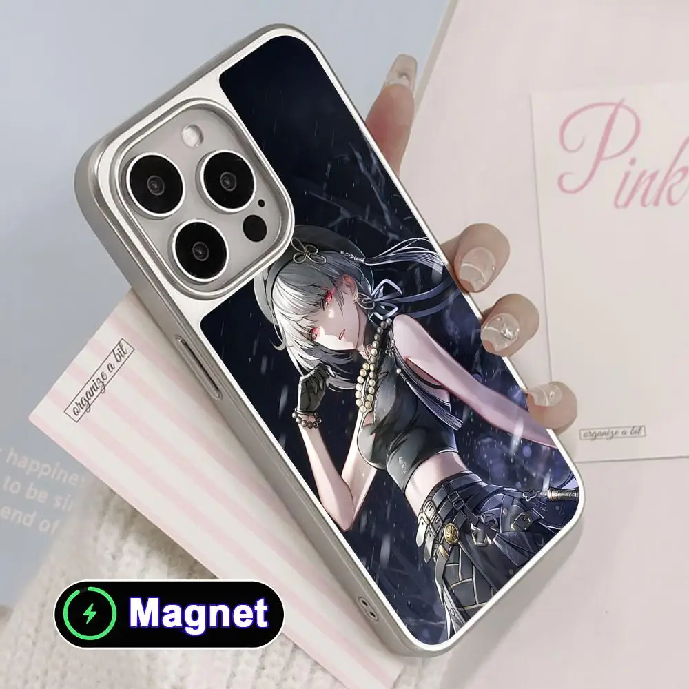 

Wuthering Waves SanHua Phone Case for iPhone 17 16 15 14 13 12 11 Air Pro Max Plus Electroplated Silver Magnet Cover