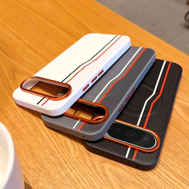 

For Google Pixel 9 Pro XL, 9A Magnetic Case ELVEV Shockproof Two-Lines PU Leather Hard PC Suction Phone Cover