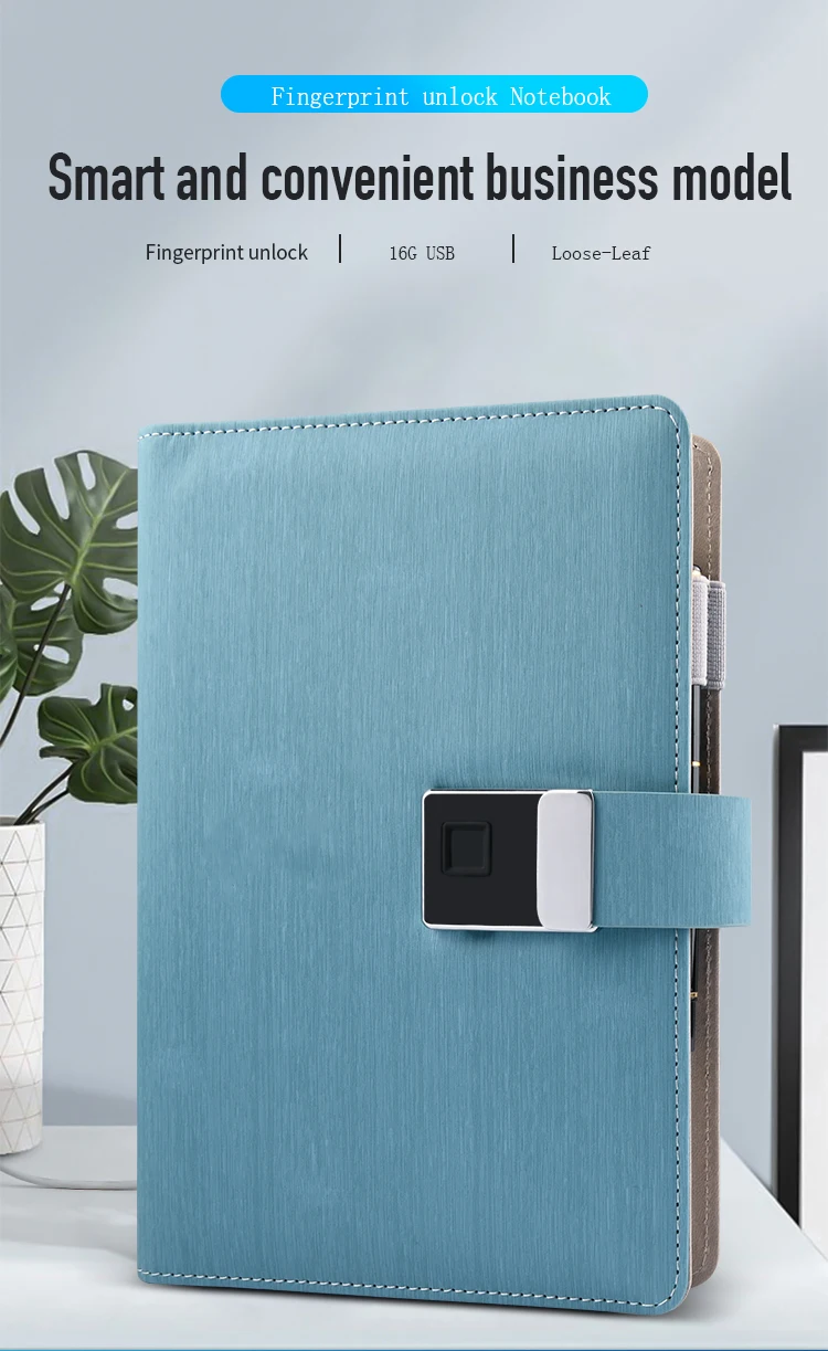 

16G USB Loose-Leaf Fingerprint Lock Notebook Leather Smart Business Notepad Student Diary A5 Note book replaceable Paper Core