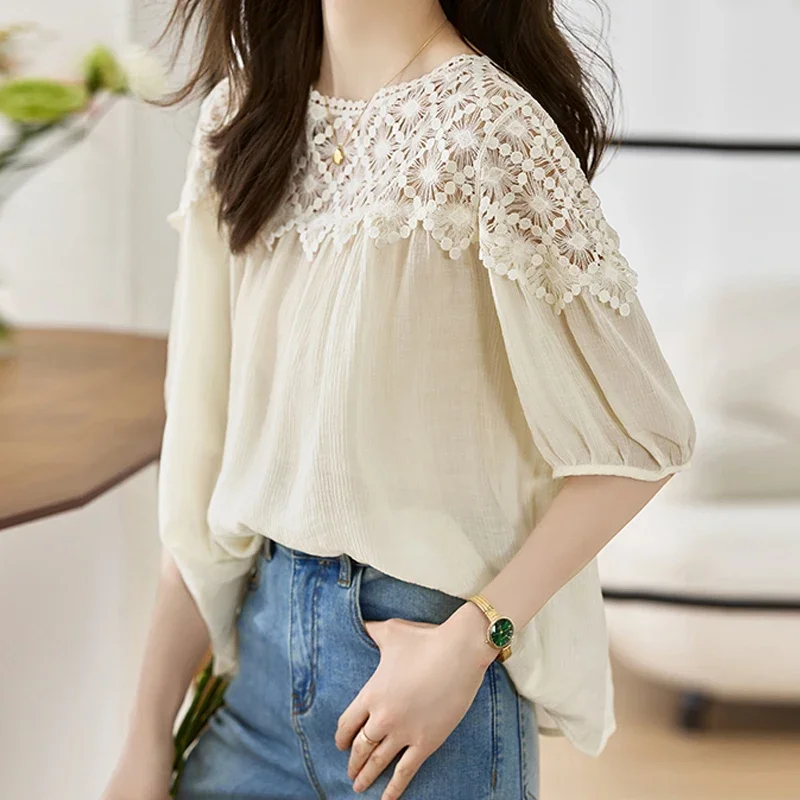 

Fashion Stitching Blouse Elegant Short Sleeve Round Collar Shirt Summer Korean Chic Women Tops O-Neck Casual Loose Clothes 27364