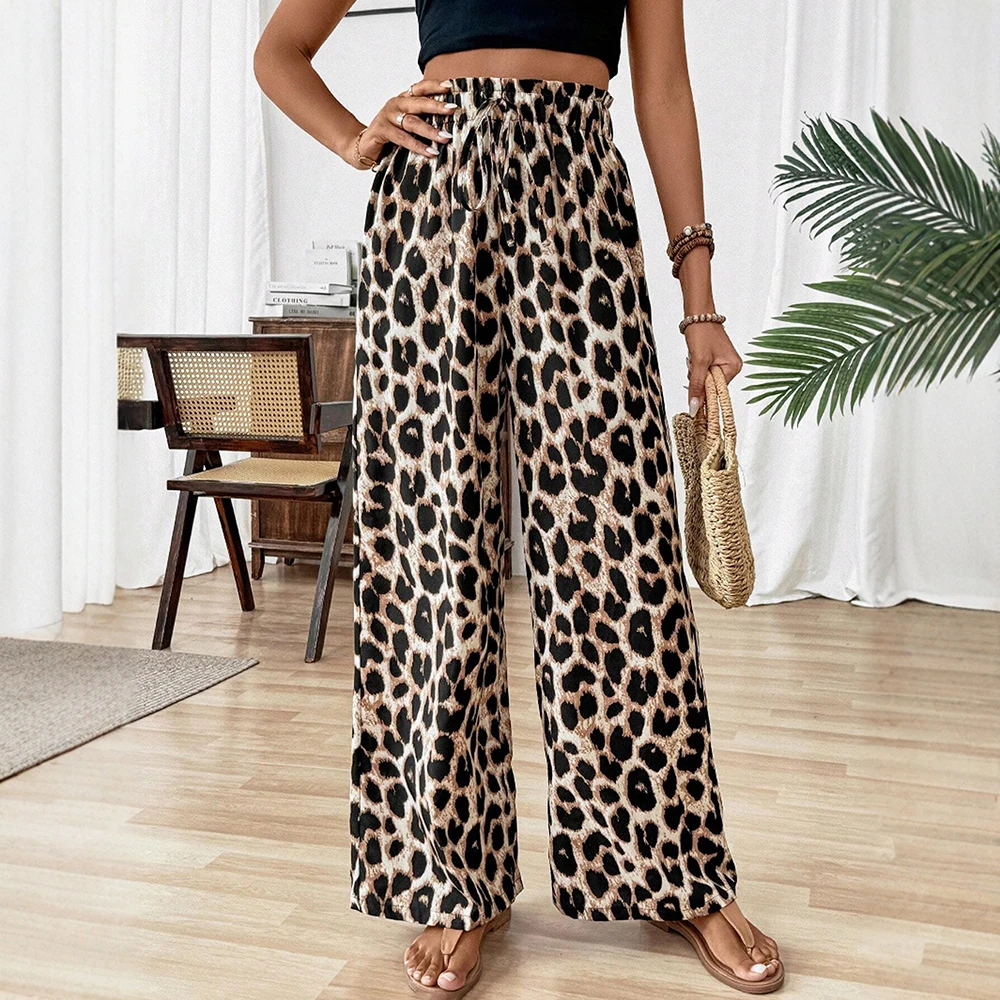 Summer New Fashion Leopard Print High Waist Full Length Straight Casual Pants For Women Comfortable and versatile wide leg pants