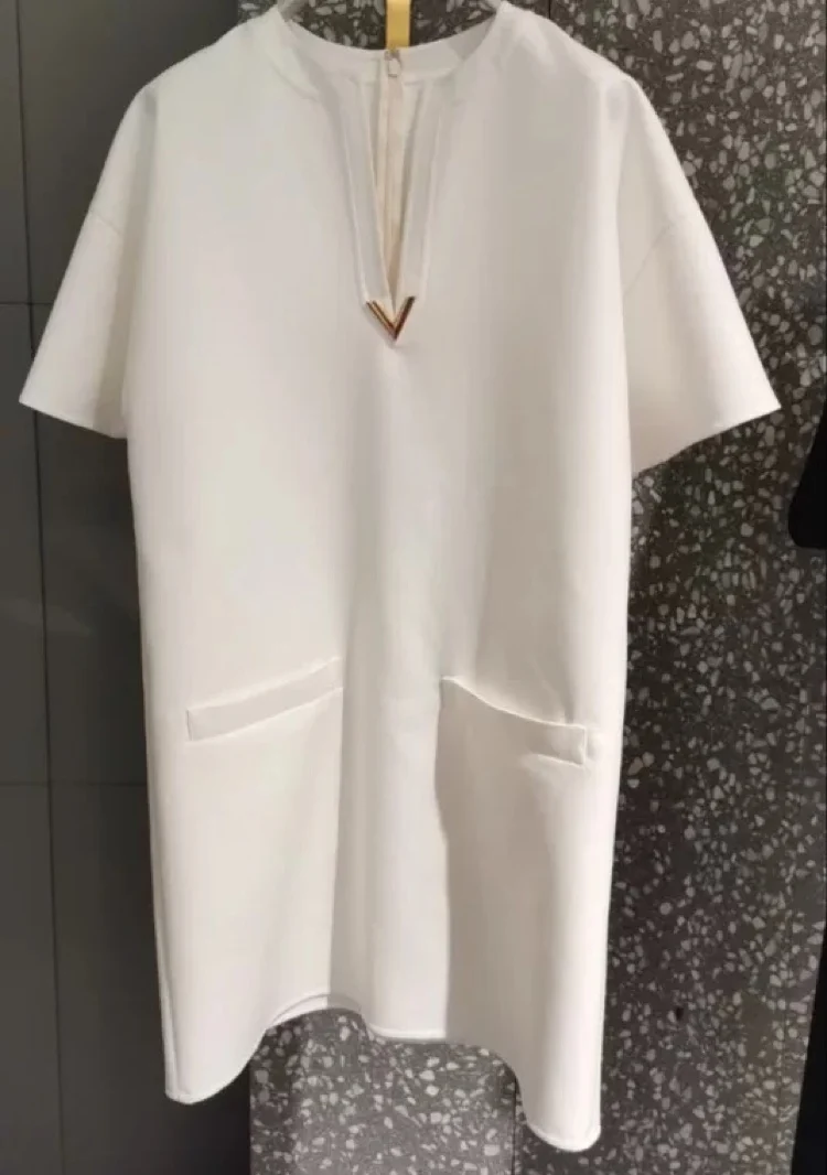 

New V-neck Dress Beautifully Ready to Go out Double Pocket Design Cotton A-line Long Dress Commute Style Short Sleeve Women