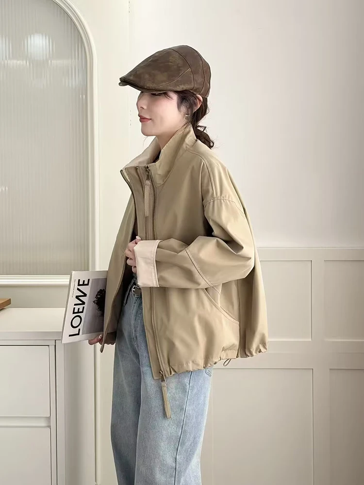 Mode coréenne solide vacances vêtements de travail manteau court femmes à manches longues élégant ample Double fermeture éclair vestes hauts automne hiver décontracté