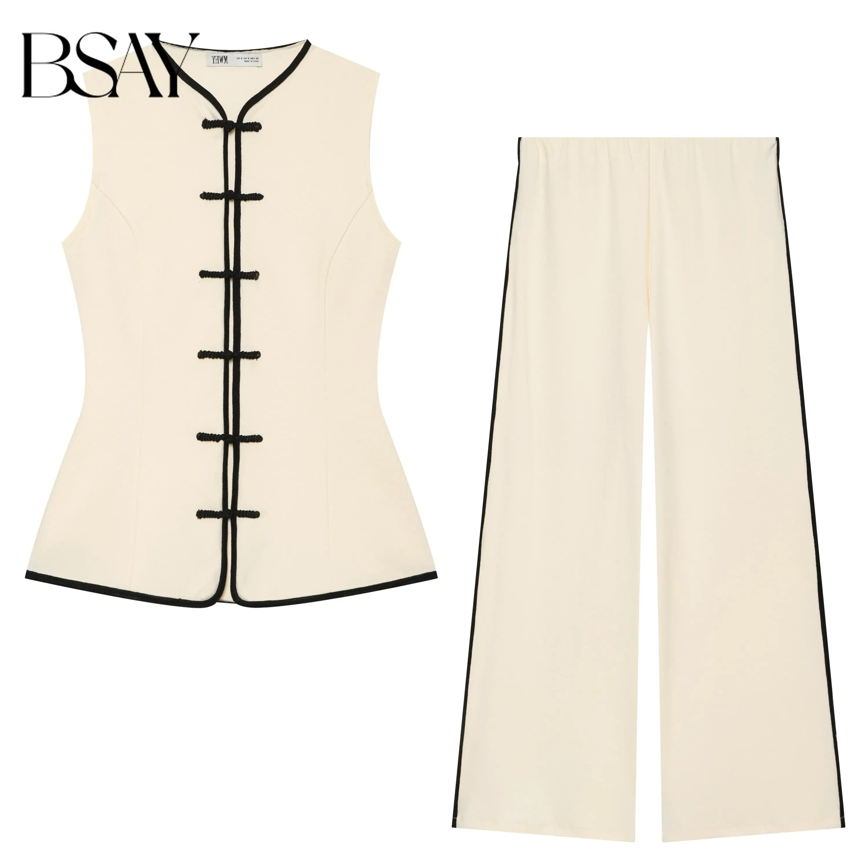 BSAY Chinese Style Women Contrast Binding Sleeveless Vest Wide Leg Pants Set Traditional Frog Buttons Casual Two Piece Outfit