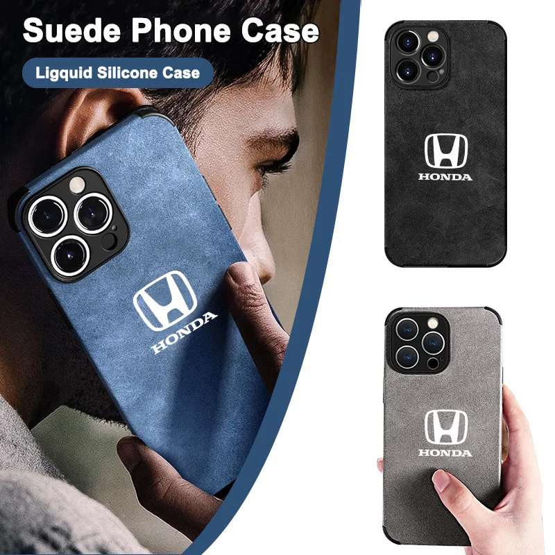 Funda de teléfono con logotipo de coche Honda, Material de gamuza de piel de cordero de lujo para iPhone 16 Pro 11 12 Mini 13 14 Pro 15 Pro Max 7 8 Plus XR XS MAX