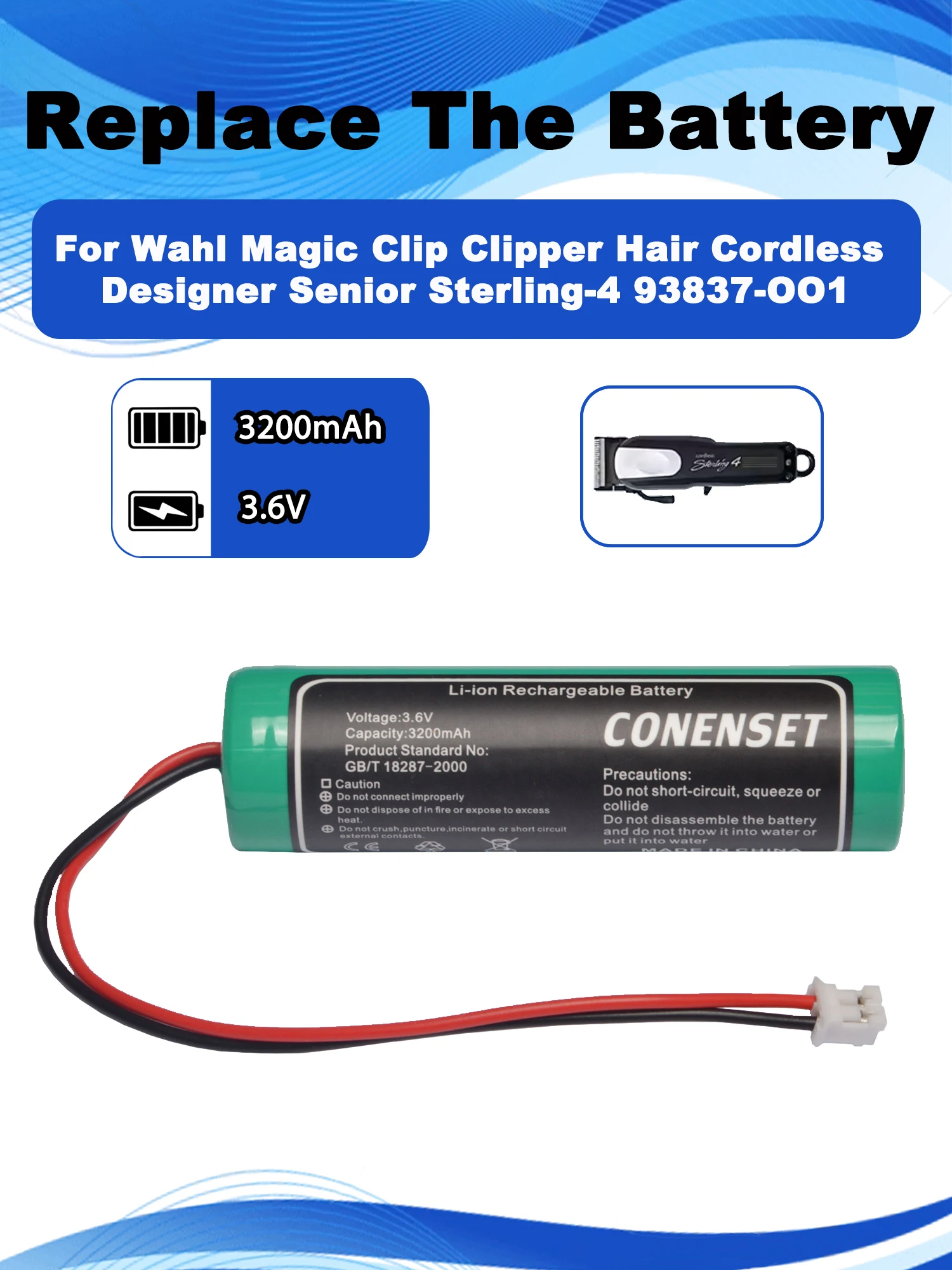 3.6V/3.7V Battery For Wahl Magic Clip Clipper Hair Cordless Designer Senior Sterling-4 Beretto Super Taper Part 93837-001