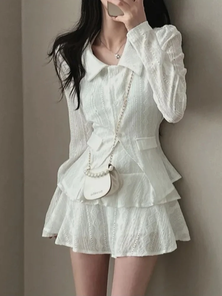 Faionable conjunto de duas peças feminino high-end sensação irt + saia bolo conjunto longo sve botão-up coleção primavera