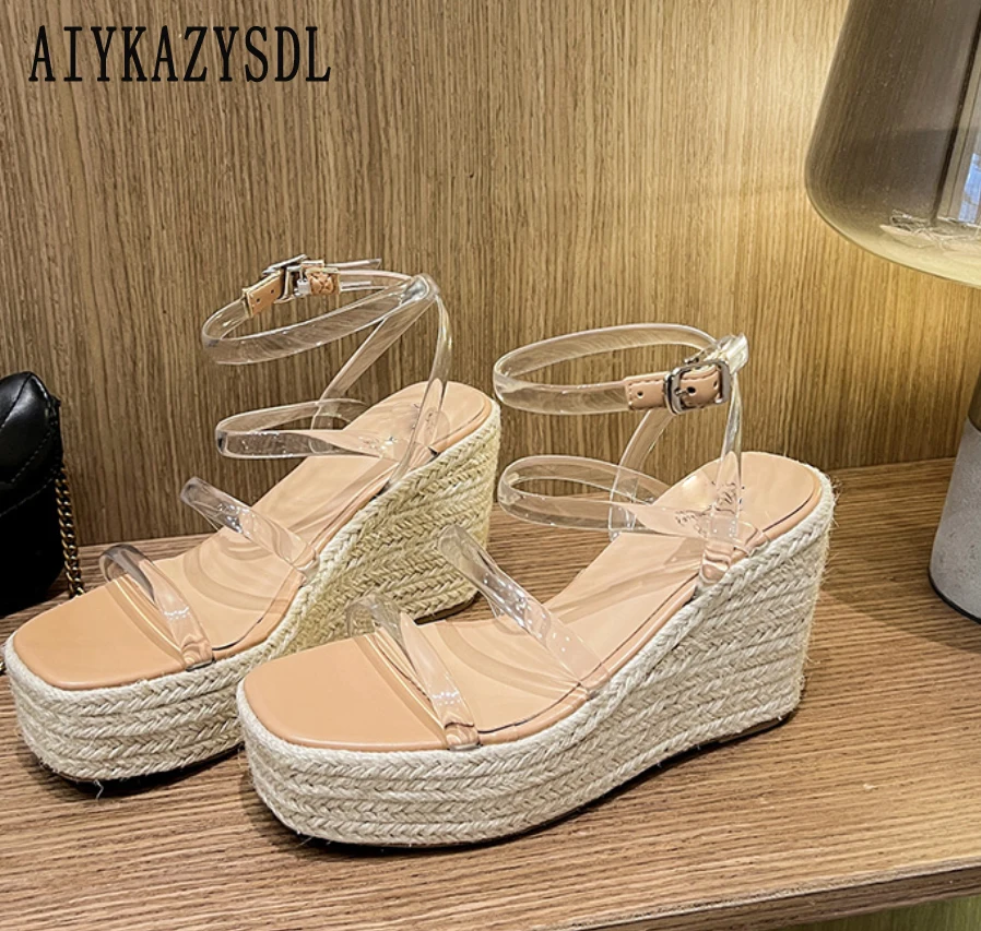 

AIYKAZYSDL Clear Strappy Ankle Strap Sandals Bohemia Boho Straw Hemp Rope Platform Wedge Heel Flat Shoes Fisherman Shoes Sandals