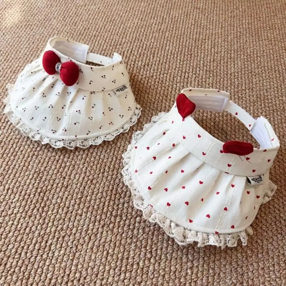 

Солнцезащитный козырек с кружевной отделкой, дышащий, регулируемый, с открытым верхом, с вишнёвым принтом, красным бантом, широкими полями, для летнего сезона