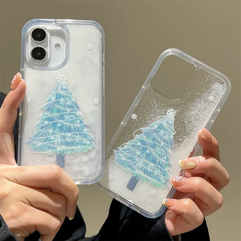 

Funny Snowflake Liquid Glitter Phone case For iPhone 14 15 13 16 Pro Max Cover Christmas tree quicksand Protective Case For 16