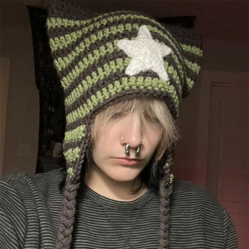 

pure handmade kitting Knitted star-shaped cat ear warm knitted cap, versatile and cute striped tassel pullover woolen cap