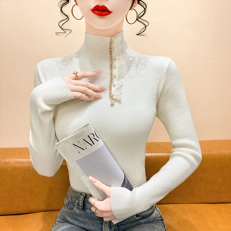 เสื้อไหมพรมแต่งขอบลูกไม้ แขนยาว คอสูง ทรงเข้ารูป ใส่เป็นเสื้อตัวในหรือเสื้อตัวนอก สำหรับผู้หญิง ฤดูใบไม้ร่วง ฤดูหนาว รุ่นใหม่ สไตล์ Sle Com...