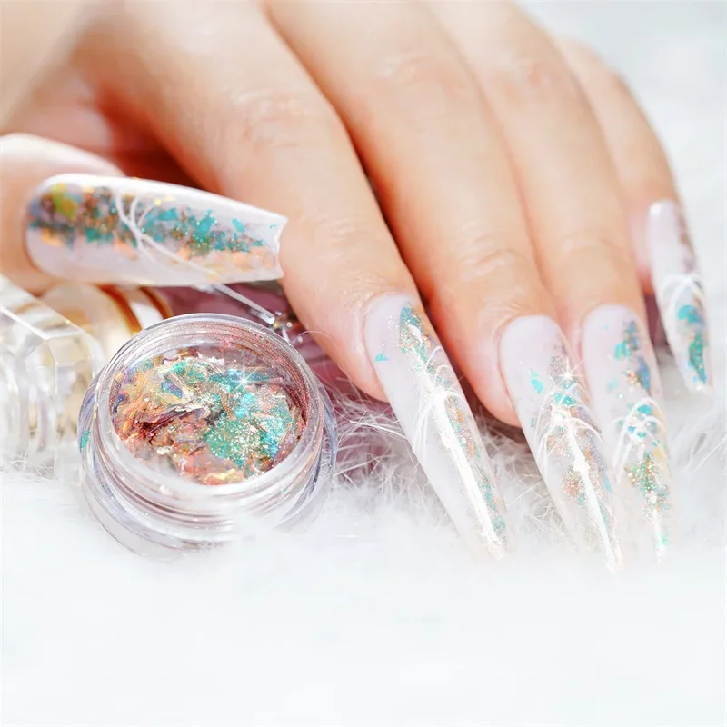 FSIXCL 6-kleuren set nagels reflecterende Aurora opaal vlokken poeder manicure ontwerp nagelkunst decoratie doe-het-zelf materiaal dikke glitter