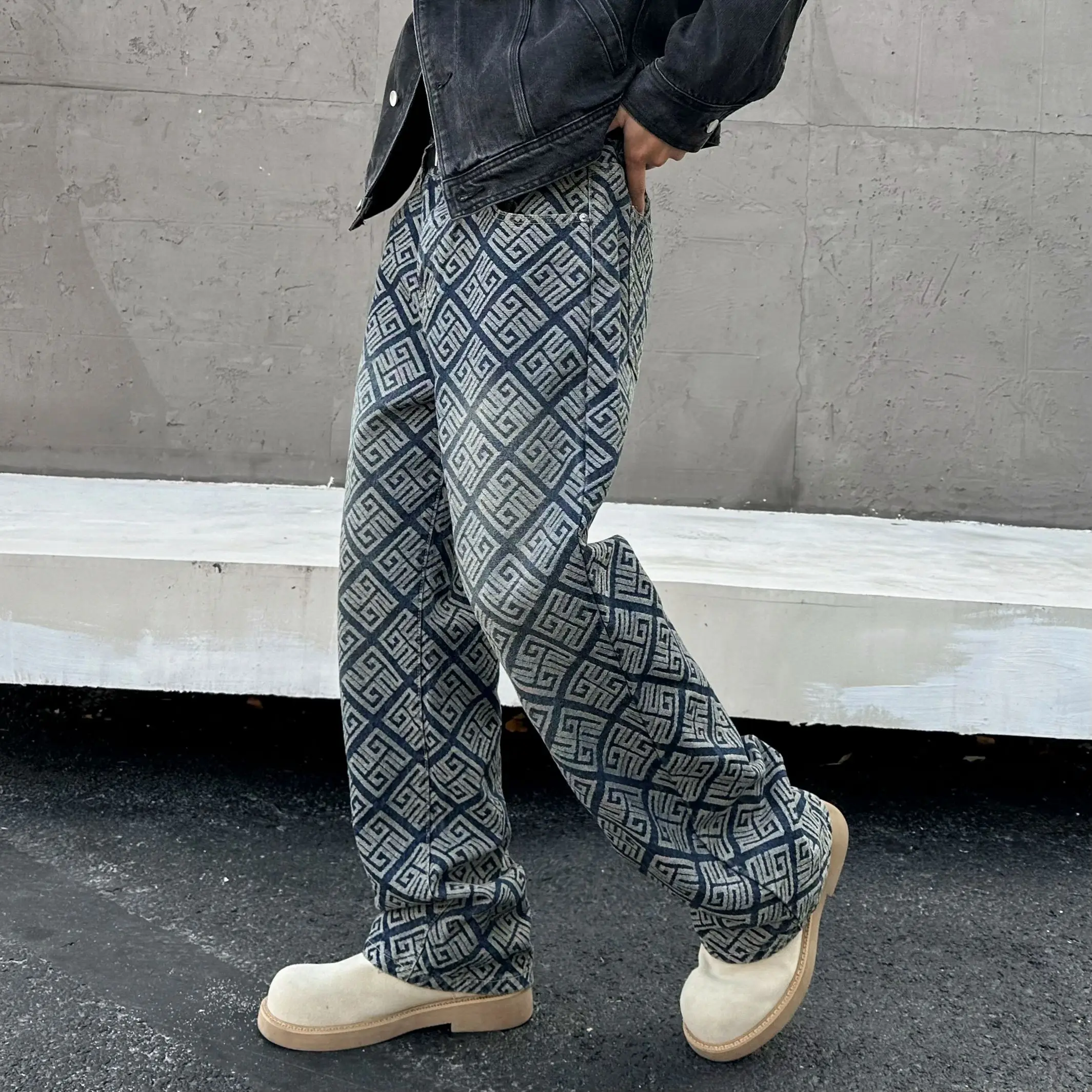 

Pattern Printed Y2k Trousers Mid Rise Regular Length Denim Clothing Male's Retro Jeans